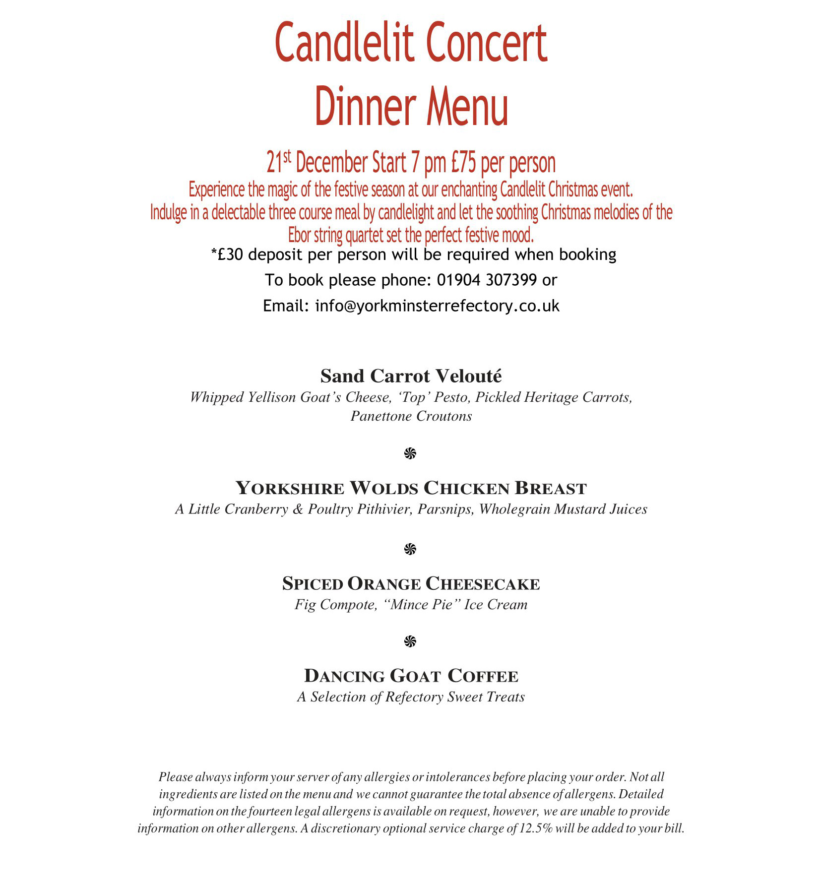Candlelit Concert Dinner Menu
